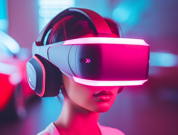 Gratis foto persoon die een futuristische virtuele realiteitsbril draagt voor gaming