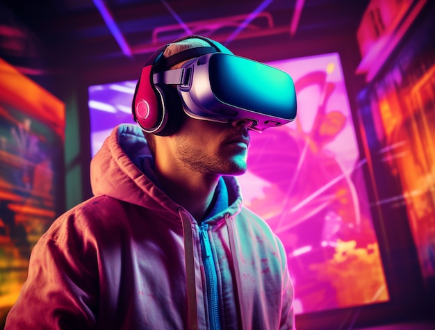 Gratis foto persoon die een futuristische virtuele realiteitsbril draagt voor gaming
