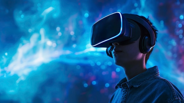 Gratis foto persoon die een hightech vr-bril draagt terwijl hij omringd is door heldere blauwe neonkleuren.