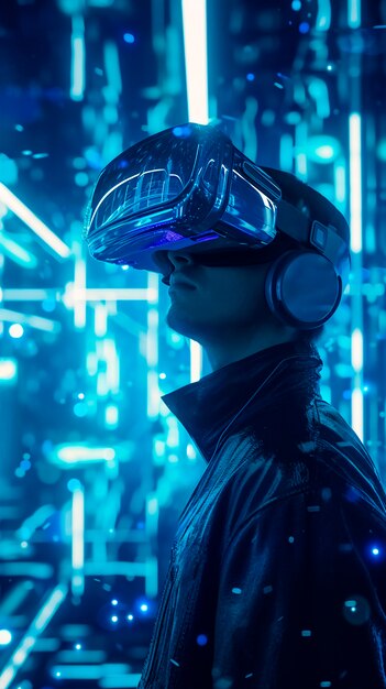 Persoon die een hightech vr-bril draagt terwijl hij omringd is door heldere blauwe neonkleuren.