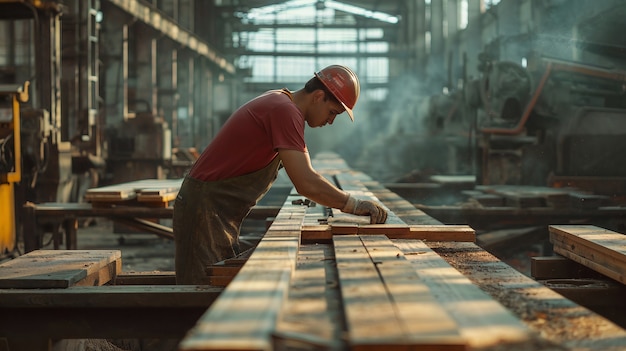 Persoon die in de houtverwerkende industrie en fabriek werkt