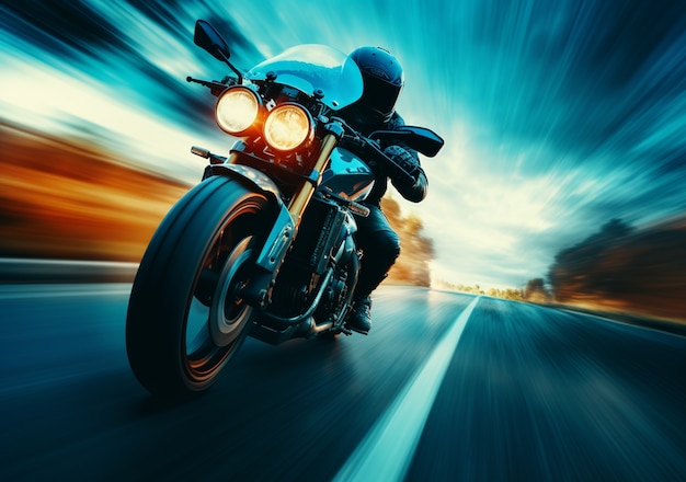 Persoon die met hoge snelheid op een krachtige motorfiets rijdt