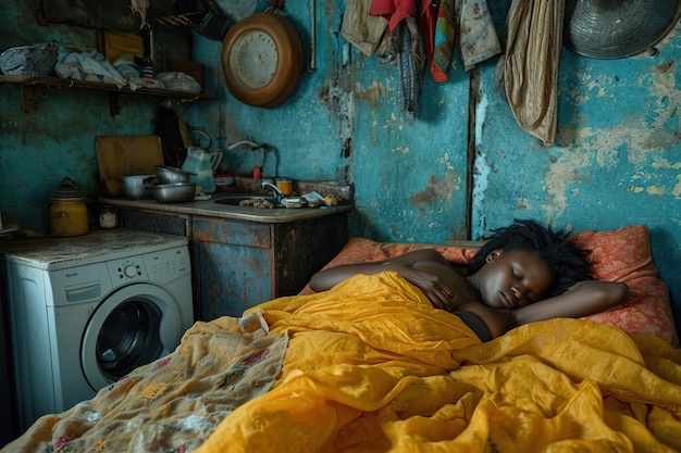 Gratis foto persoon die op een bed slaapt in een klein huisje