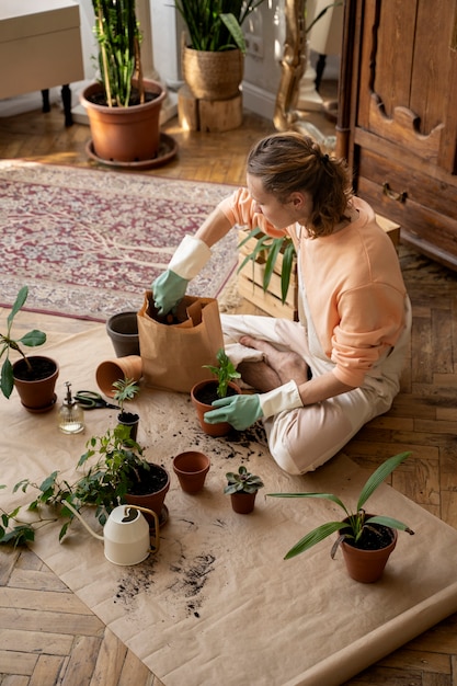 Gratis foto persoon die planten in nieuwe potten overplant