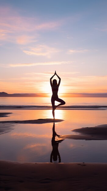 Persoon die yogameditatie beoefent in de natuur bij zonsondergang of zonsopgang