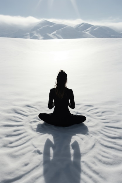 Persoon die yogameditatie beoefent in de winter met sneeuw