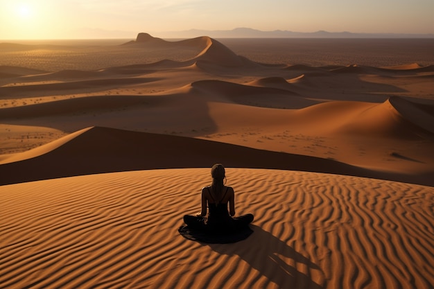 Persoon die yogameditatie beoefent in de woestijn