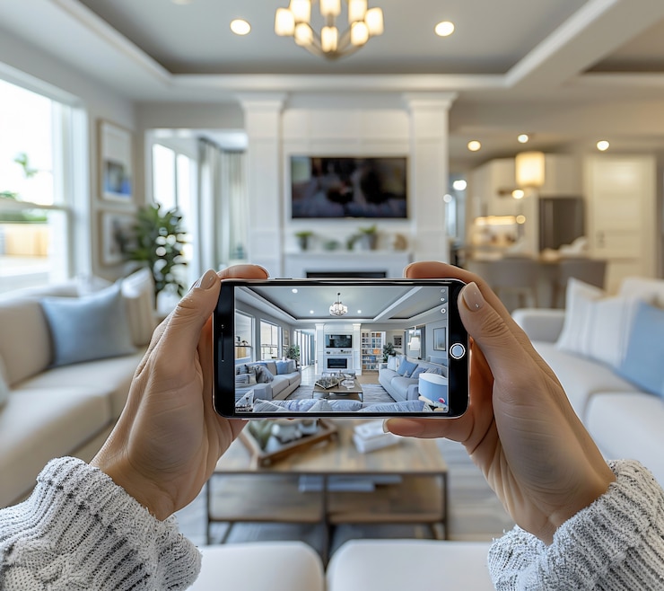 Gratis Foto persoon die zijn huis via zijn smartphone tentoonstelt