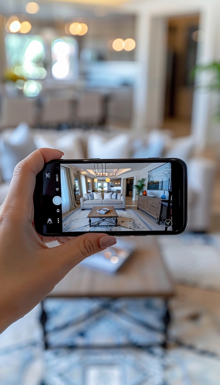 Gratis Foto persoon die zijn huis via zijn smartphone tentoonstelt