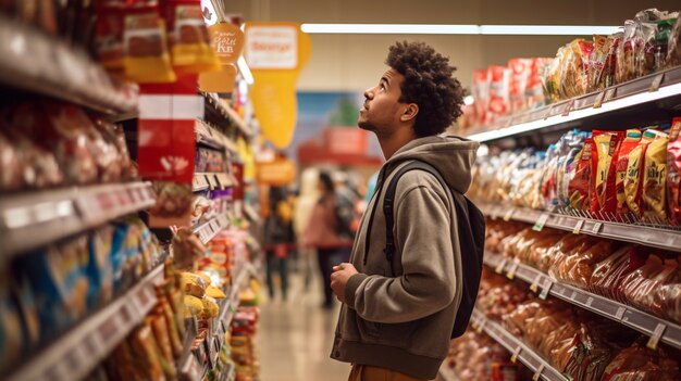 Persoon met angst veroorzaakt door keuzes in de supermarkt