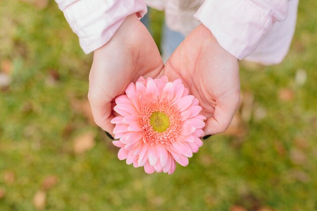 Persoon met bloem in handen
