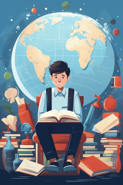 Persoon met boeken in digitale kunststijl voor onderwijsdag