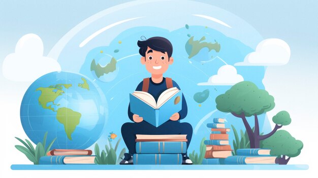 Persoon met boeken in digitale kunststijl voor onderwijsdag