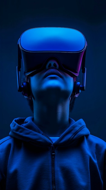 Persoon met een high-tech ar headset omringd door heldere blauwe neonkleuren.