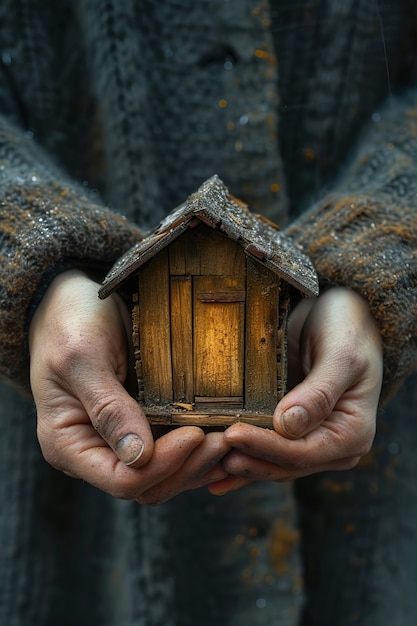 Gratis foto persoon met een klein houten huisje