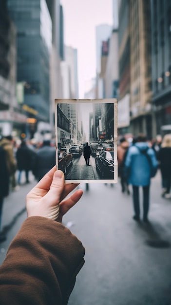 Gratis foto persoon met foto van de oude stad new york