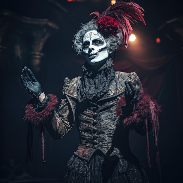 Gratis foto persoon met gotisch kostuum en make-up die een toneelstuk uitvoert voor de wereld theaterdag