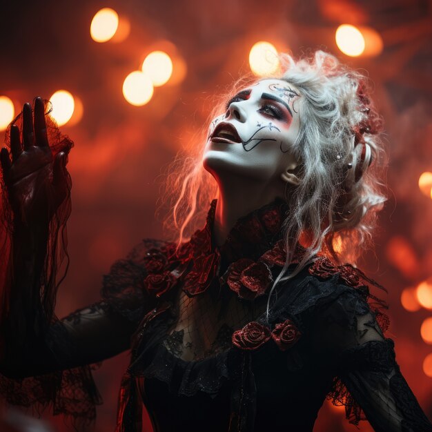 Persoon met gotisch kostuum en make-up die een toneelstuk uitvoert voor de Wereld Theaterdag