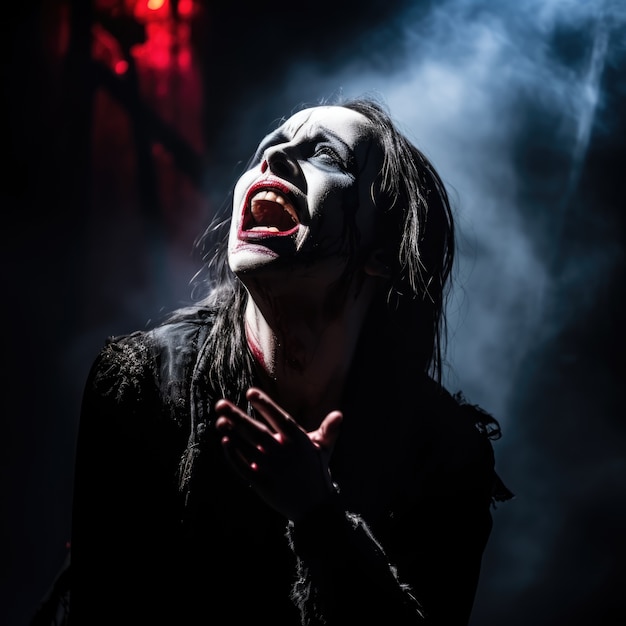 Gratis foto persoon met gotisch kostuum en make-up die een toneelstuk uitvoert voor de wereld theaterdag