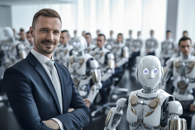 Persoon omringd door AI-robotmedewerkers