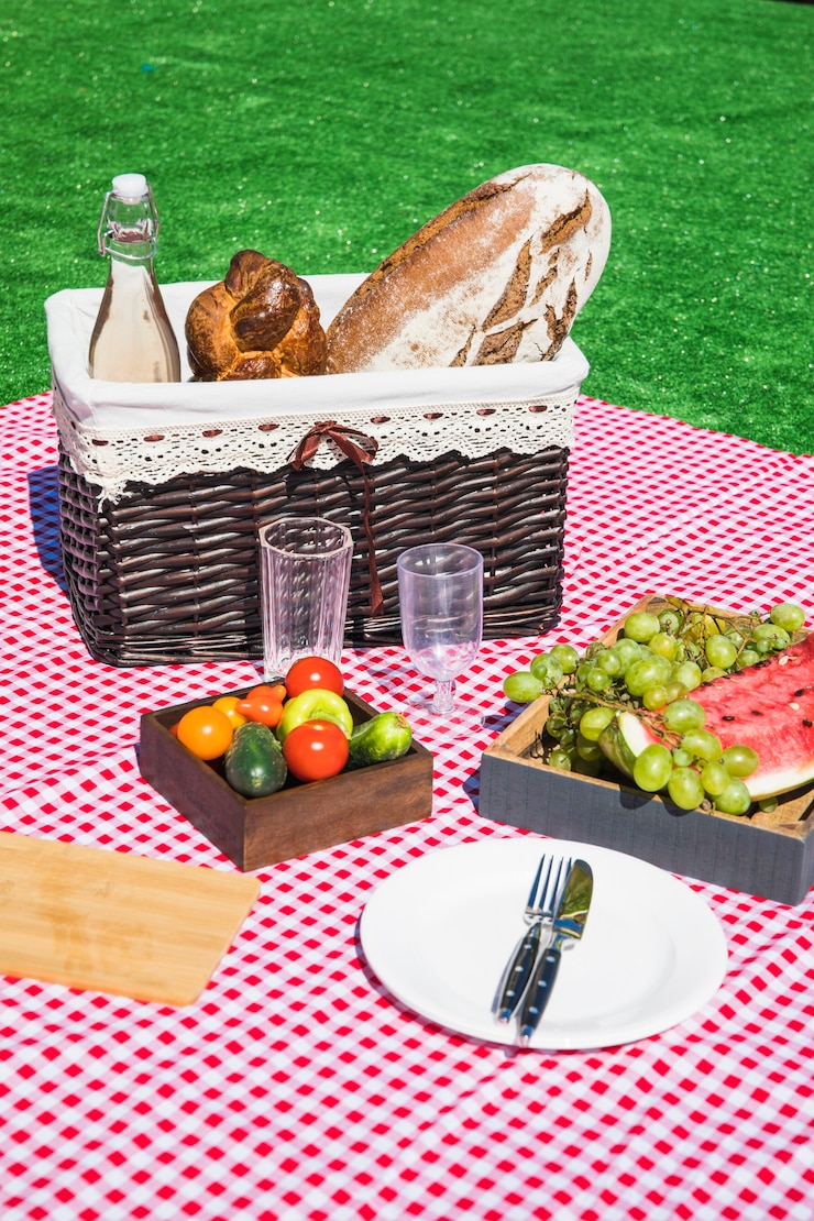 Gratis Foto picknick snack met groenten en fruit op rode deken