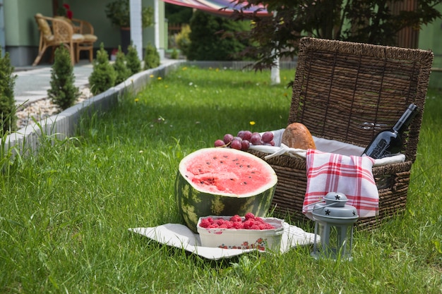 Picknickmand en fruit op groen gras