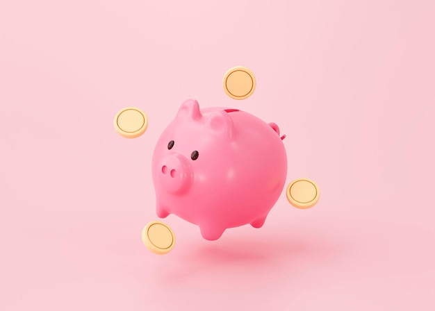 Piggy bank en geld munt besparingen concept op roze achtergrond 3D-rendering