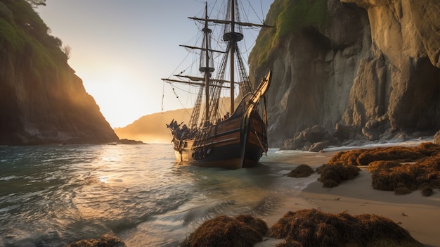 Gratis foto piratenschip dat op zee vaart