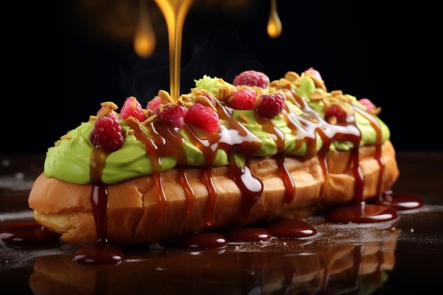 Gratis foto pistachio eclair met framboos en chocolade bovenop