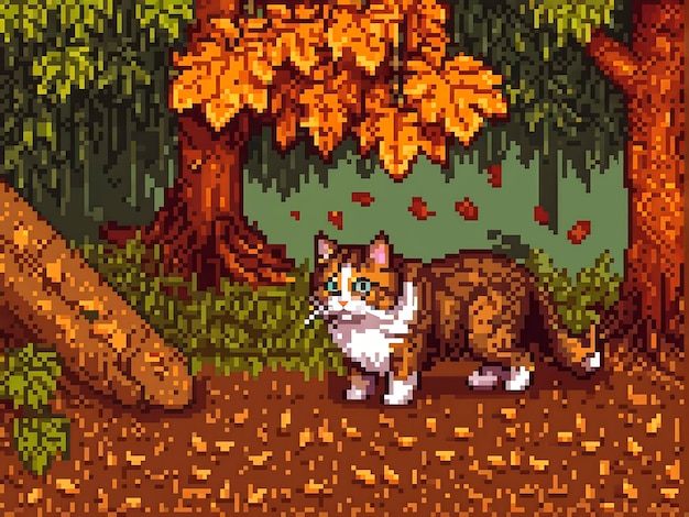 Pixel art stijl scène met schattige huisdier kat