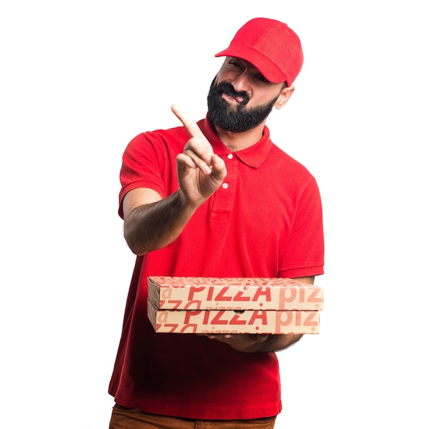 Gratis foto pizza delivery man doet geen gebaar