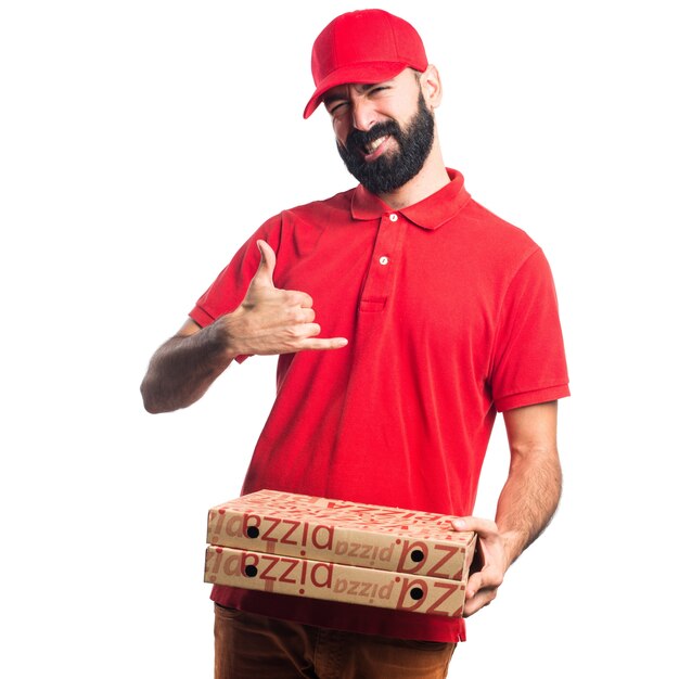 Pizza levering man maken horing gebaar