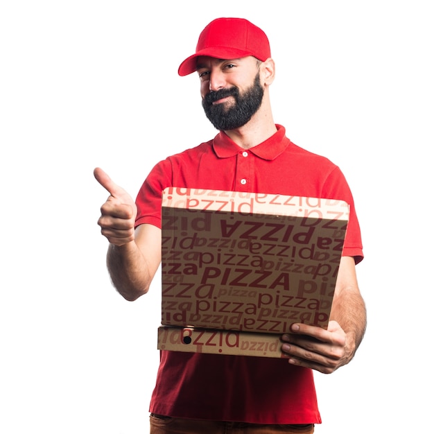 Gratis foto pizza levering man met duim omhoog