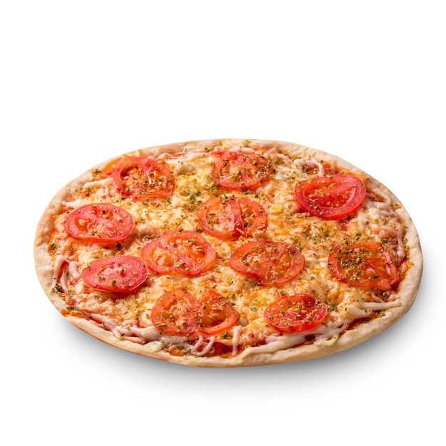 Pizza met kaas en tomaat geïsoleerd op een witte achtergrond. Pizza margarita bovenaanzicht. Foto voor het menu