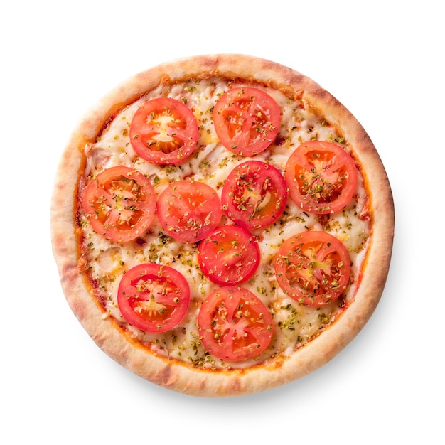 Pizza met kaas en tomaat geïsoleerd op een witte achtergrond. Pizza margarita bovenaanzicht. Foto voor het menu