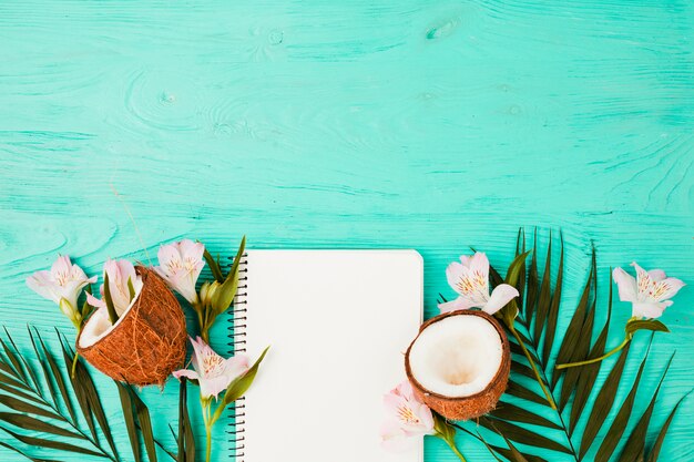 Plant bladeren in de buurt van kokosnoten met bloemen en notebook