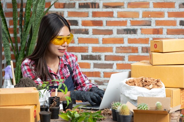Plant online verkopen; vrouwen glimlachen tijdens het gebruik van laptop