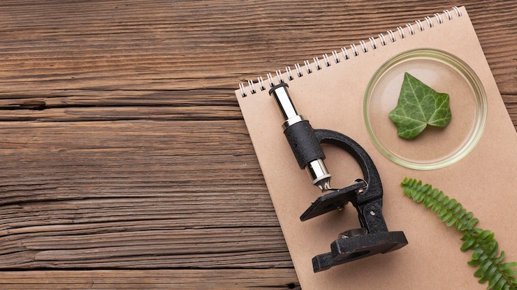 Gratis Foto plat leggen microscoop en notebook