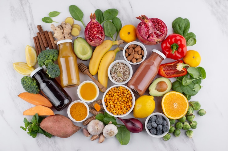 Gratis Foto plat leggen van gezonde immuniteitsverhogende voedingsmiddelen