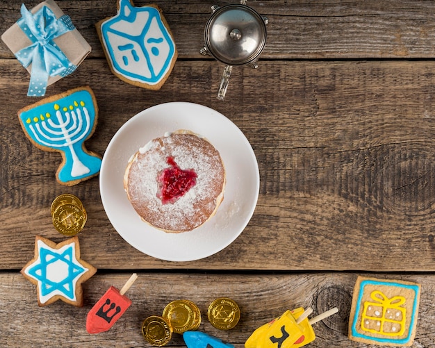 Plat leggen van Hanukkah concept met kopie ruimte