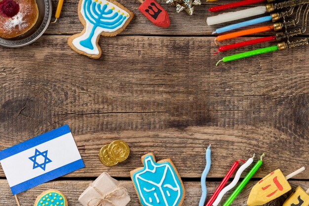 Plat leggen van Hanukkah concept met kopie ruimte