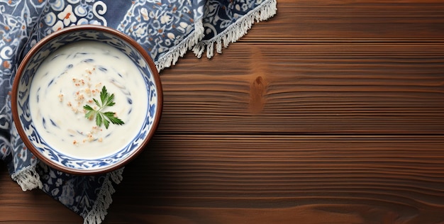 Plat leggen van yoghurtsoep op tafelkleed op oude houten tafel met kopieerruimte voor tekst Traditionele soepen