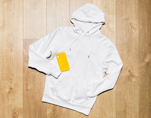 Platliggende casual witte hoodie met telefoonhoesje