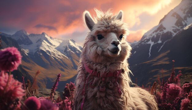 Pluizige alpaca graast op bergweiden en legt de schoonheid van de natuur vast, gegenereerd door kunstmatige intelligentie