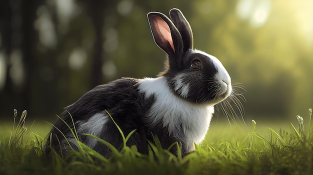 Pluizige jonge konijnenzitting in groene weide generatieve AI