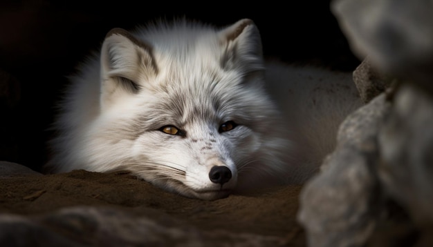 Pluizige poolwolf die naar de camera kijkt, alert gegenereerd door AI