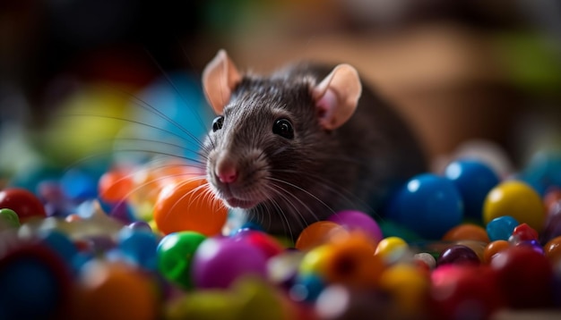 Gratis foto pluizige rat speelt met kleurrijke geschenkbal generatieve ai