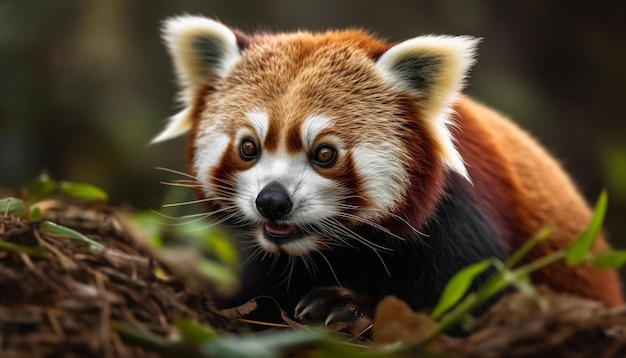 Pluizige rode panda zittend op boomtak gegenereerd door AI