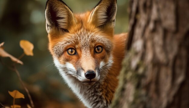 Pluizige rode vos in de rust van het herfstbos gegenereerd door AI