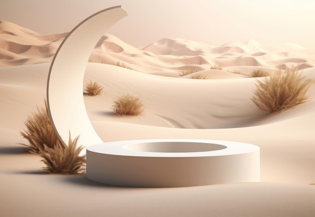 Podium op zandvertoning als achtergrond met zonnescherm en schaduw op de achtergrond voor kosmetisch parfum FA